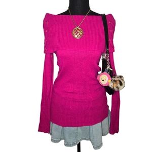 Y2k Rabbit Hair Off-Shoulder Pink Caché Sweater Top!